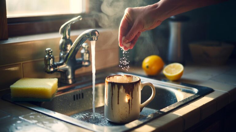 Illustration of sprinkling table salt on a tea-stained mug and scrubbing to remove stains in 30 seconds