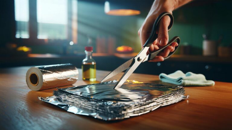 Illustration of a pair of scissors cutting folded aluminium foil to sharpen the blades